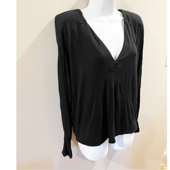 Free People Classic Black Deep V-Neck Shirt with Shoulder Padding Size Large - Picture 2 of 11